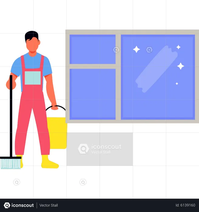 Boy holding cleaning brush with bucket  Illustration