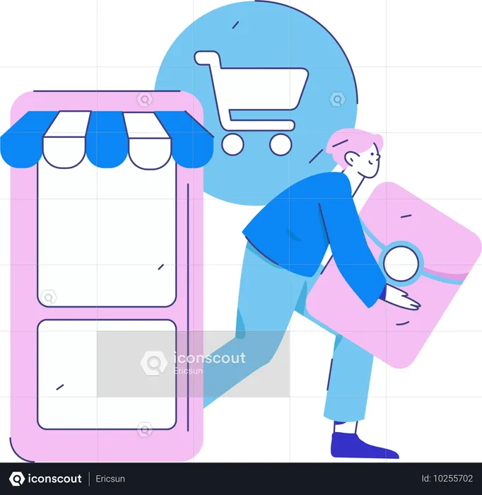 Boy holding cover while doing online shopping  Illustration