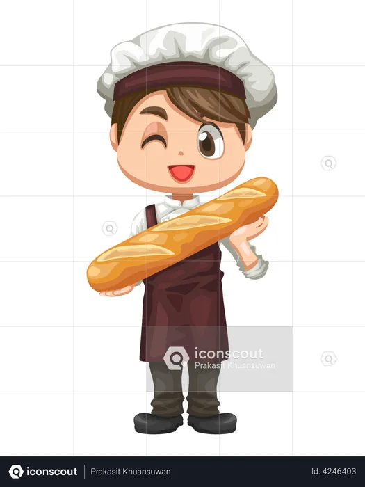 Boy holding fresh piece of baguette  Illustration
