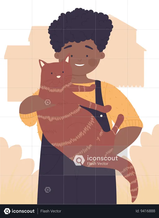 Boy Holding Ginger Kitten on Hands  Illustration