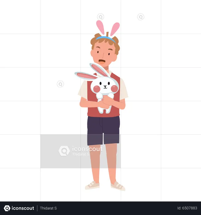 Boy holding hugging an adorable bunny  Illustration