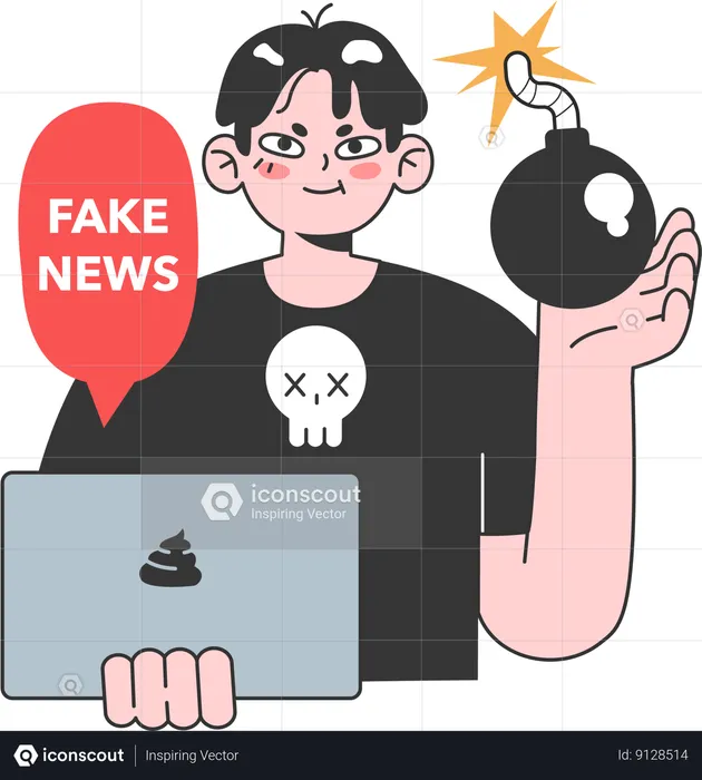 Boy holding laptop while getting fake news  Illustration