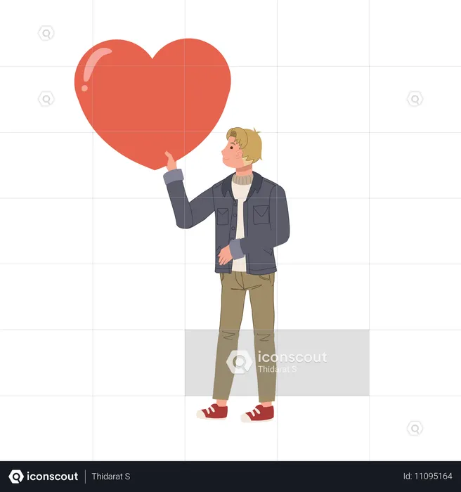 Boy holding large red heart symbolizing love and passion for valentines day gift  Illustration