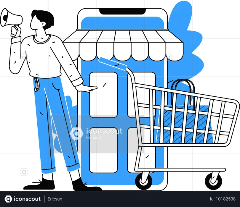 Boy holding megaphone while doing shopping marketing  Illustration