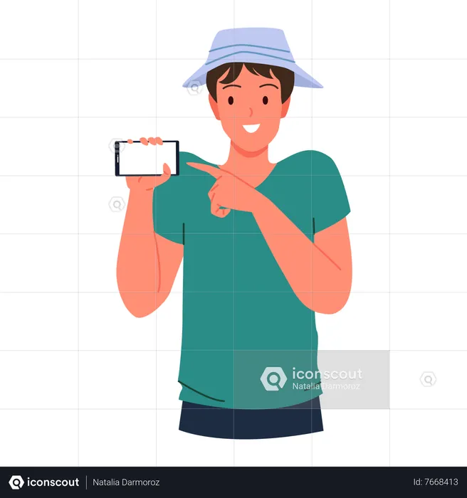 Boy holding mobile and pointing mobile  Illustration