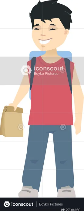 Boy holding packages and wearing bag  Illustration