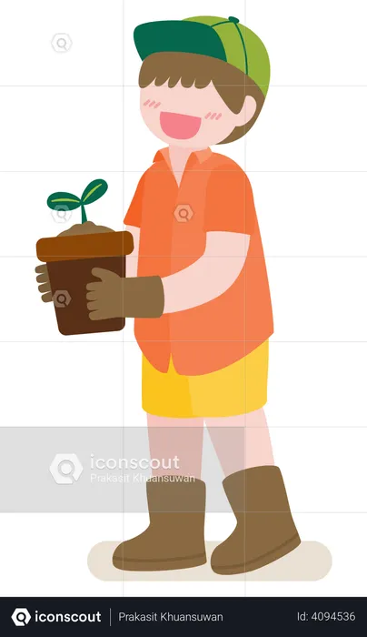 Boy holding plant  Illustration