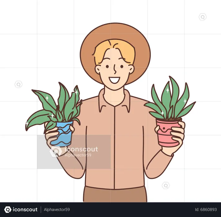 Boy holding plant pot  Illustration
