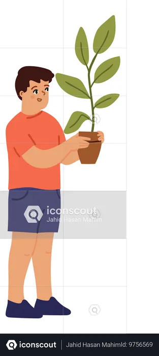 Boy holding plant pot  Illustration