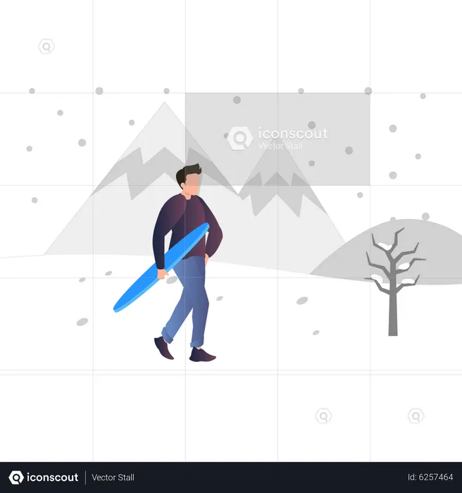 Boy holding snowboarding in snow  Illustration