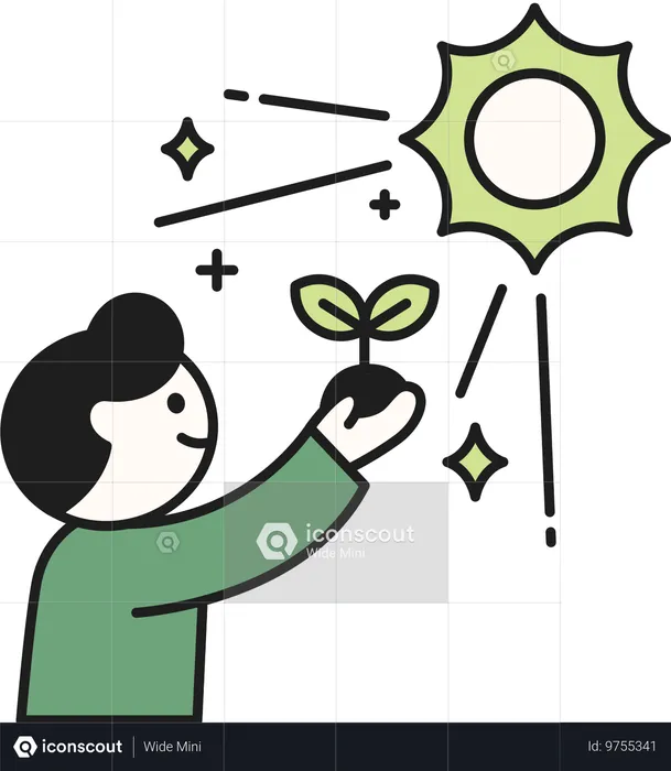 Boy holding sprout while giving sun light to plant  Illustration