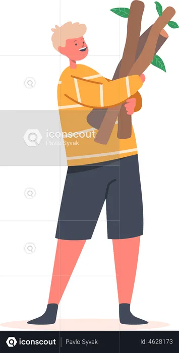 Boy Holding Wooden Branches in Hands  Illustration