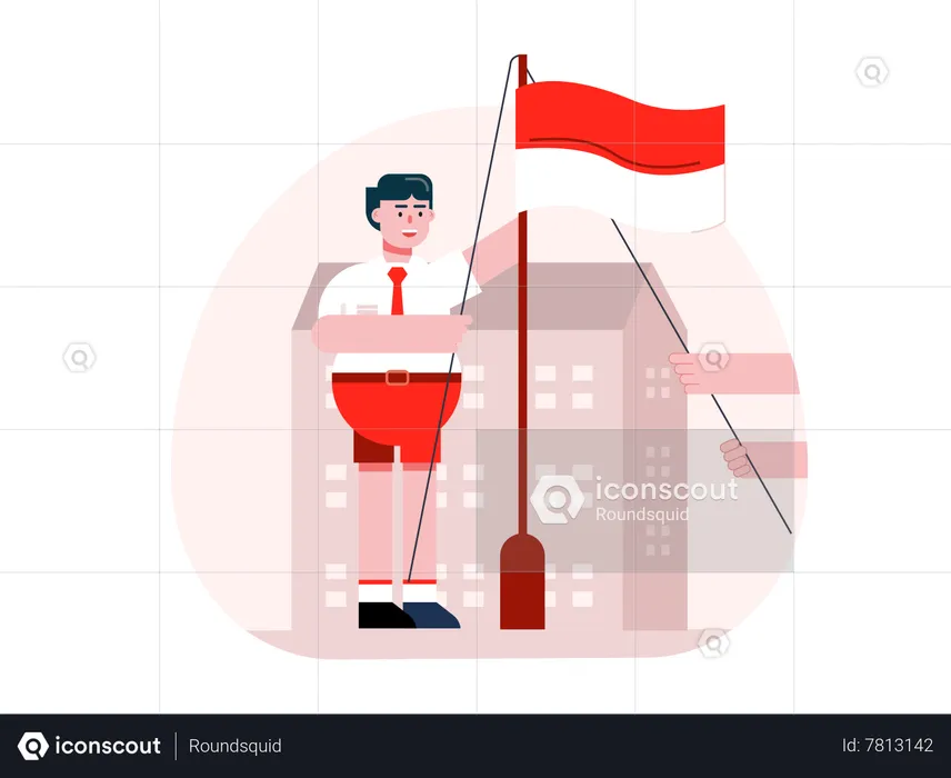 Boy hosting Indonesia flag  Illustration