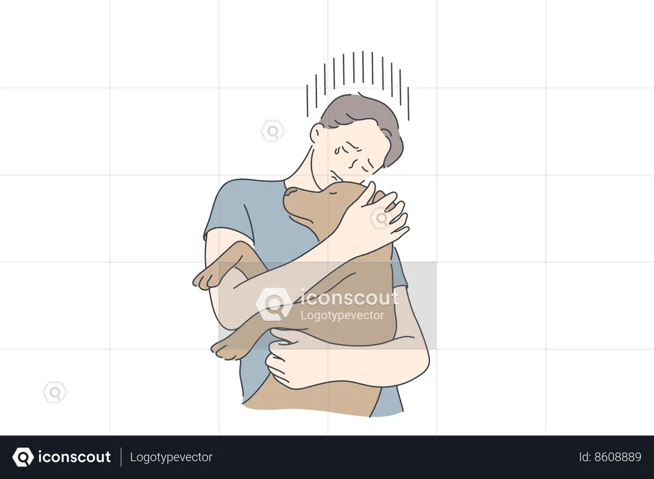 Boy hugs his pet dog and crying  Illustration