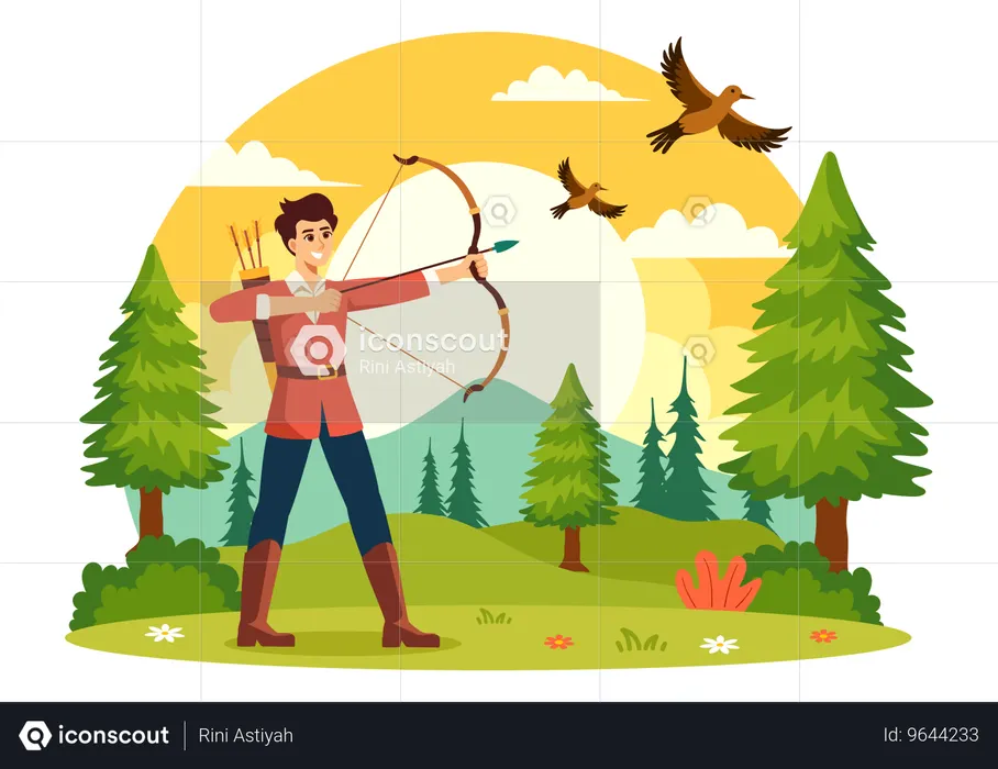 Boy hunts bird with archery  Illustration