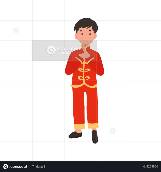 Boy in Chinese traditional dress giving salute  Illustration