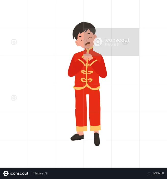 Boy in Chinese traditional dress giving salute  Illustration