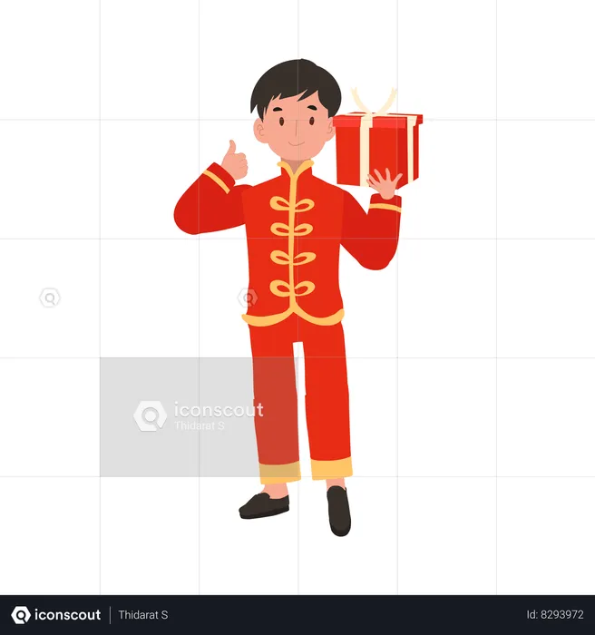 Boy in Chinese traditional dress holding gift box  Illustration