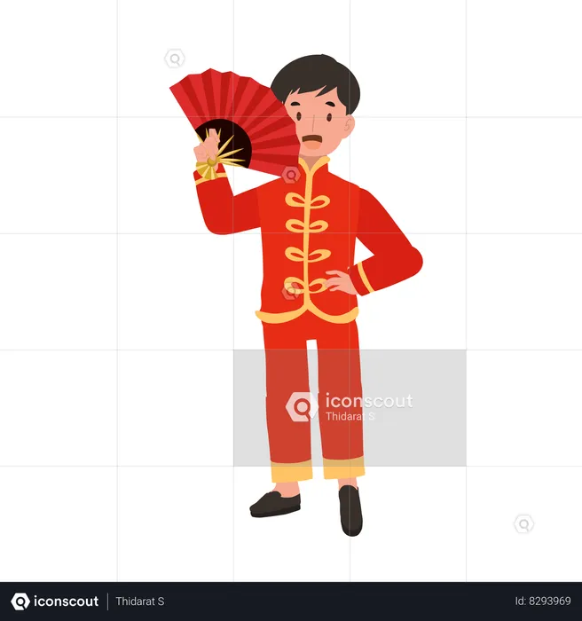 Boy in Chinese traditional dress holding hand fan  Illustration