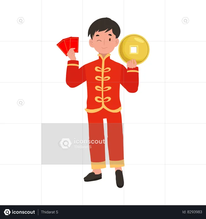 Boy in Chinese traditional dress holding red envelope and gold coin  Illustration