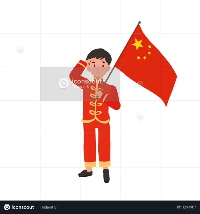 Boy in Chinese traditional dress holding red flag  Illustration