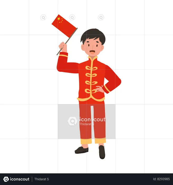 Boy in Chinese traditional dress holding red flag  Illustration