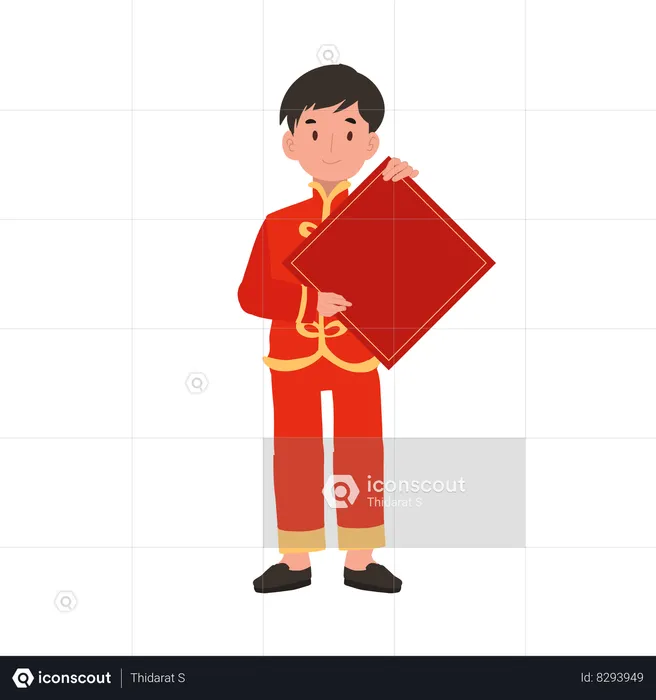 Boy in Chinese traditional dress holding red paper  Illustration