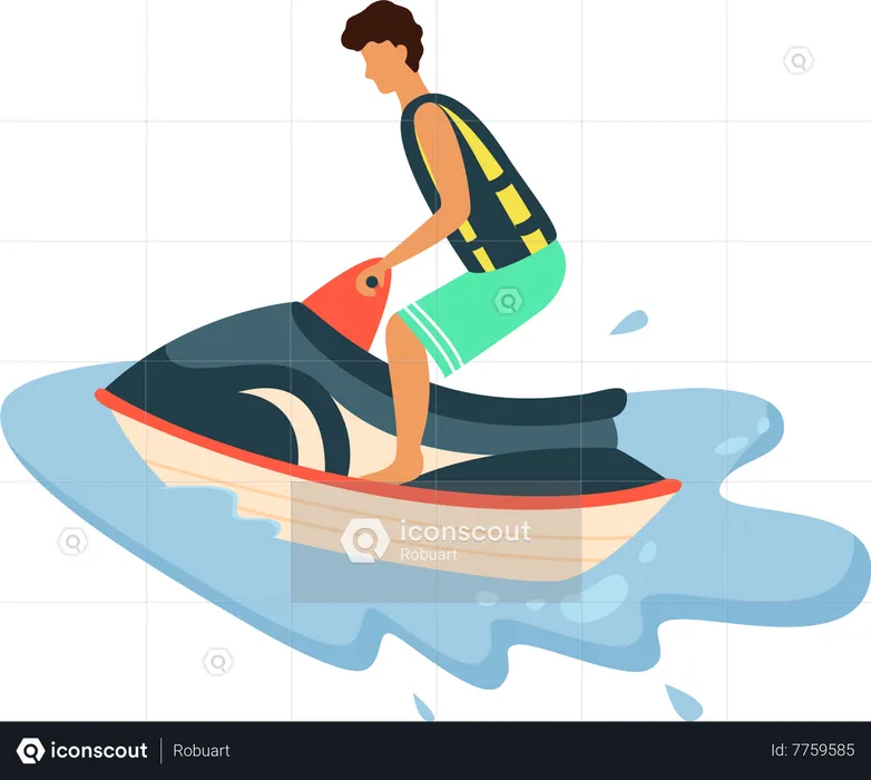 Boy in Life Jacket Riding Water Scooter  Illustration