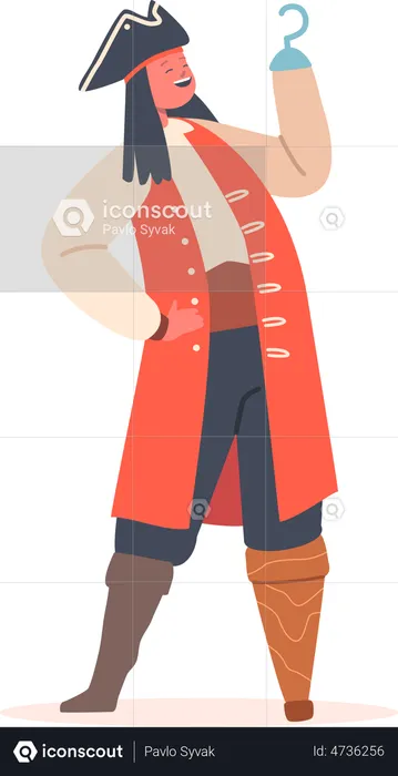 Boy in Pirate Costume with Hand Hook and Leg Prosthesis  Illustration
