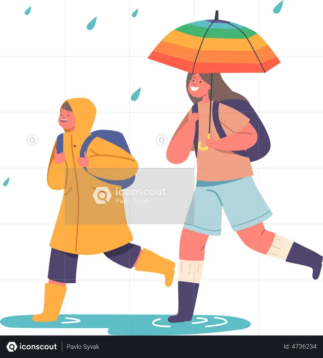 Boy in Raincoat and Girl with Backpacks Walking at Rainy Weather to School  Illustration