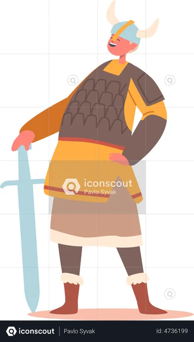 Boy in Scandinavian Warrior costume and holding sword  Illustration