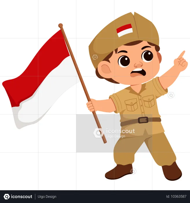 Boy Indonesian Soldier Holding Flag  Illustration