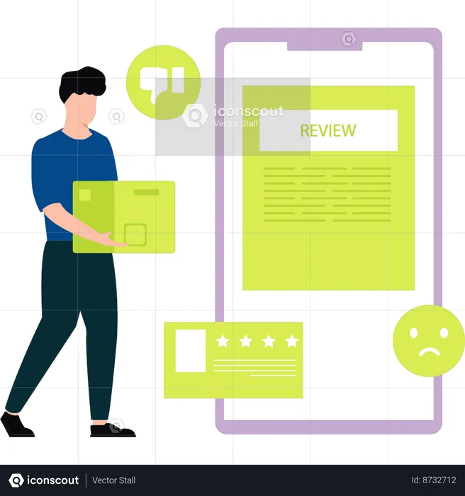 Boy is adding a review to the review page  Illustration