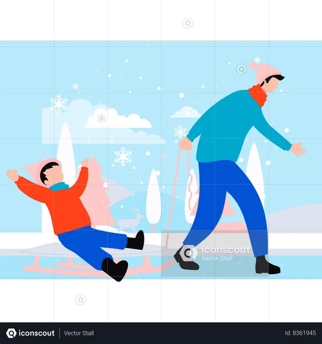 Boy is carrying a child on a sleigh  Illustration
