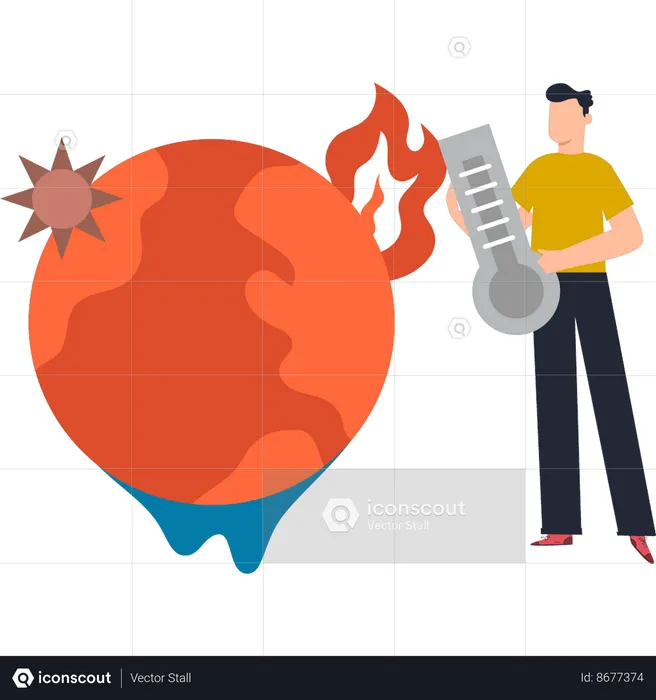 Boy is checking temperature of earth with thermometer  Illustration