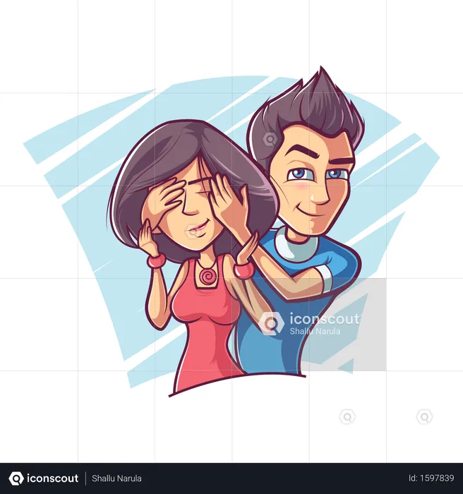 Boy is closing eyes of the girl from behind  Illustration