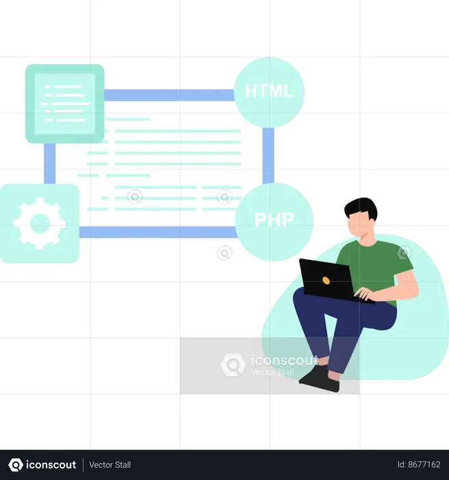 Boy is coding in different languages ​​on laptop  Illustration