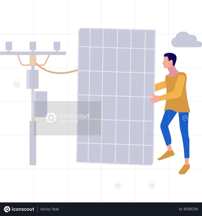 Boy is connecting solar panel plate near an electricity tower.  Illustration