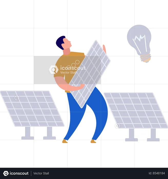 Boy is connecting solar panel plate to bulb  Illustration