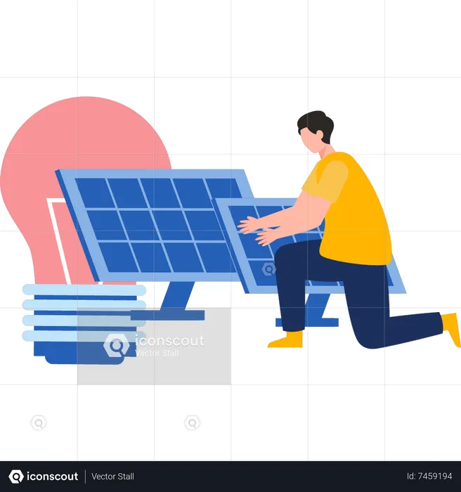 Boy is connecting the light to the solar panel  Illustration