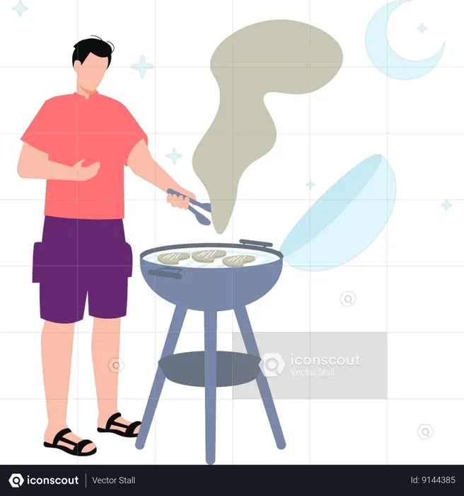 Boy is cooking beef on grill  Illustration