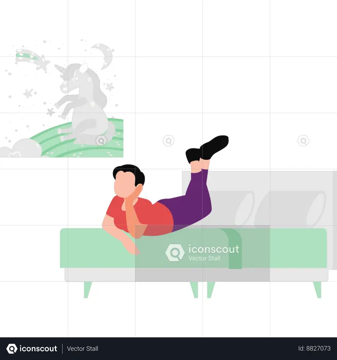 Boy is daydreaming while lying on bed  Illustration