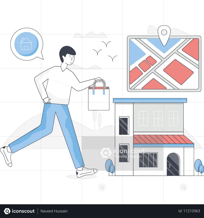 Boy is delivering the parcel to the location on the map  Illustration