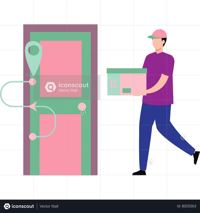 Boy is delivering the parcel to the door  Illustration