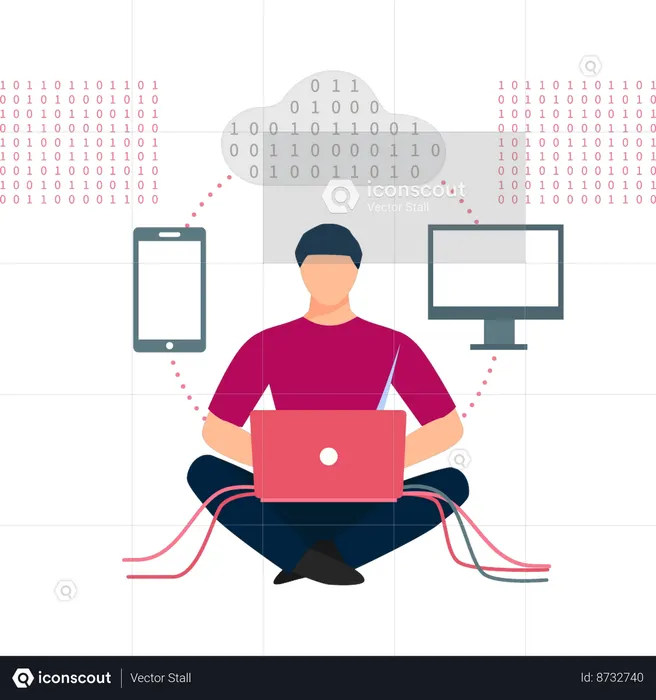 Boy is doing binary coding on laptop  Illustration