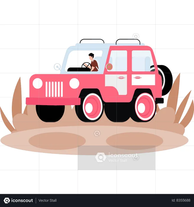 Boy is doing forest safari in jeep  Illustration