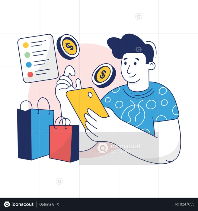 Boy is doing online payment for his purchases  Illustration