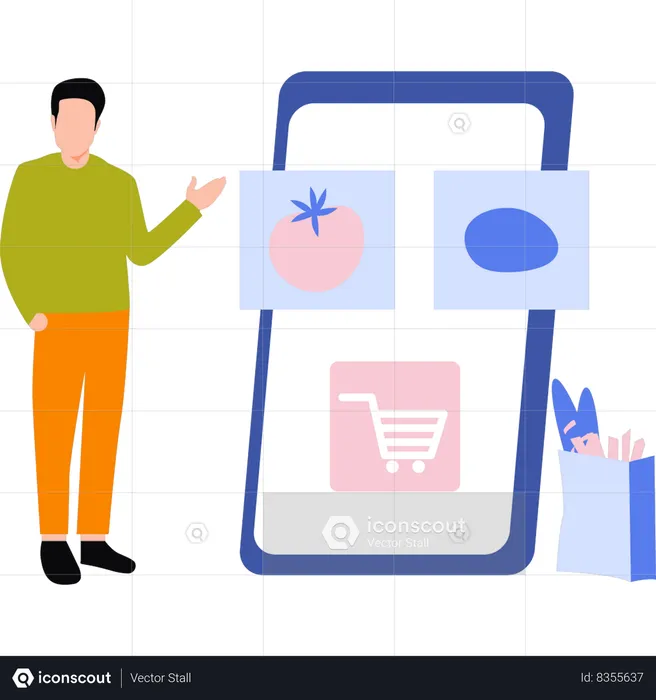 Boy is doing online shopping of vegetables on mobile  Illustration