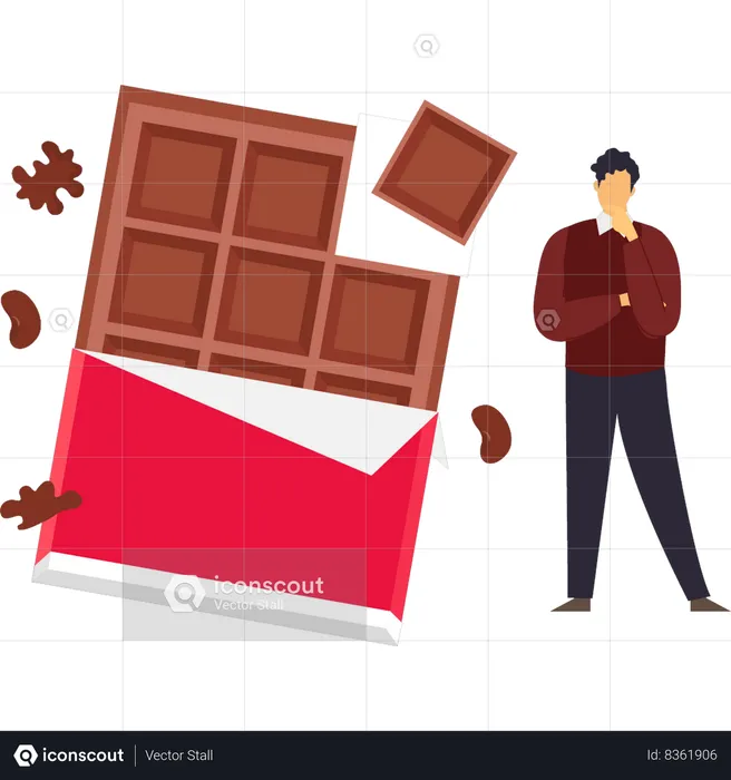 Boy is eating bar of chocolate  Illustration