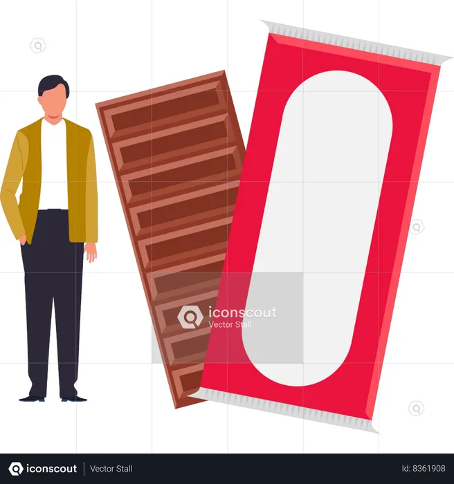 Boy is eating bar of chocolate  Illustration